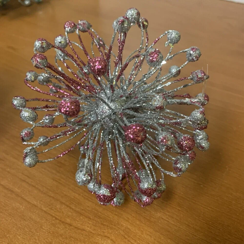 Lot Of 2 Star Burst Christmas Ornaments Silver And Pink 5”